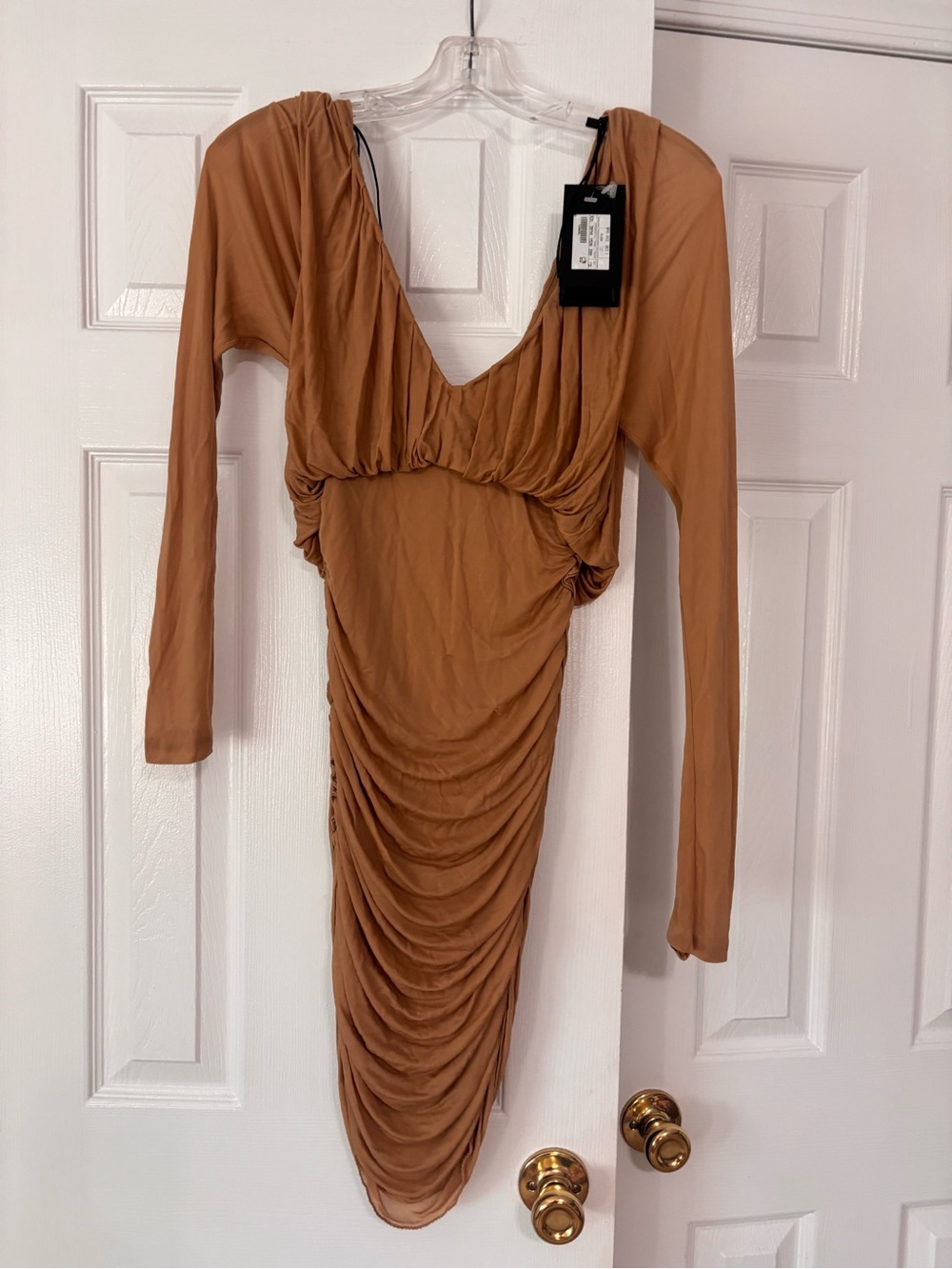 NWT Saint Laurent Ruched Long-Sleeve V-Neck Dress in Camel women’s size 36
